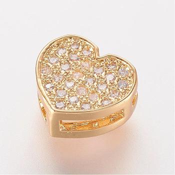 Brass Micro Pave Cubic Zirconia Slide Charms, Heart, Golden, 7.5x8x3.5mm, Hole: 1x2~4.5mm