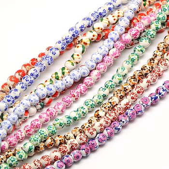 Handmade Flower Printed Porcelain Ceramic Beads Strands, Round, Mixed Color, 6mm, Hole: 2mm, about 60pcs/strand, 13 inch