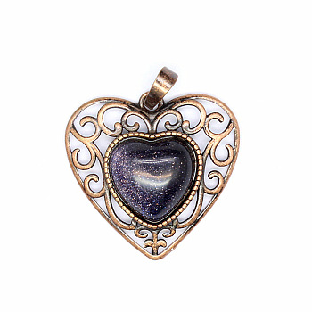 Retro Hollow Synthetic Blue Goldstone Pendants, Heart Pendants, with Red Copper Metal Finding, 30x30x8mm