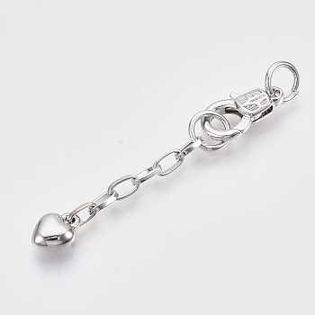 Brass Chain Extender, with Brass Lobster Claw Clasps,  Heart, Platinum, 64mm, Clasp: 17x10x4mm, Extend Chain: 38mm, Jump Ring: 8x1mm, Inner Diameter: 6mm