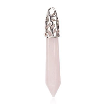 Natural Rose Quartz Big Pointed Pendants, with Platinum Plated Brass Findings, Bullet, 57~64x10.5x10.5mm, Hole: 5x4mm