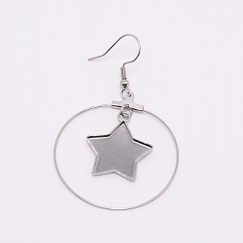 Stainless Steel Dangle Earrings, Star, Stainless Steel Color, 60x37x17mm, Pin: 0.8mm, Pendant: 40x37x1.2mm, Tray: 16x16mm