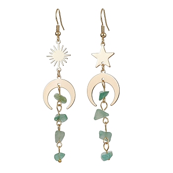 Moon & Sun & Star Brass Asymmetrical Earrings, Natural Green Aventurine Chips Tassel Earrings, 76~85x18mm