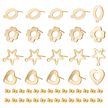 40Pcs 4 Style Oval & Flower & Star & Heart 201 Stainless Steel Stud Earring Findings, with Horizontal Loops & 316 Stainless Steel Pin & 40Pcs Plastic Ear Nuts, Real 24K Gold Plated, 10~15x9~13mm, Hole: 1~1.6mm, Pin: 0.7mm, 10Pcs/style