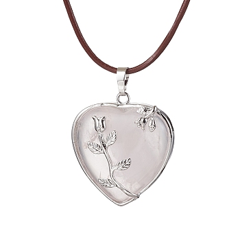 Natural Rose Quartz Heart Pendant Necklace with Cowhide Leather Cords, 20-1/8 inch(51cm)