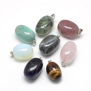 Natural Mixed Stone Pendants, Oval, Platinum, 30~35x18~20x18~20mm, Hole: 5x6mm