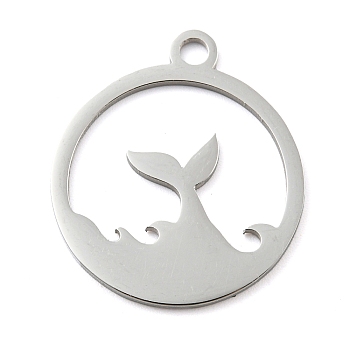 304 Stainless Steel Pendants, Laser Cut, Stainless Steel Color, Flat Round Charm, Fishtail, 24.5x21x1mm, Hole: 2.5mm