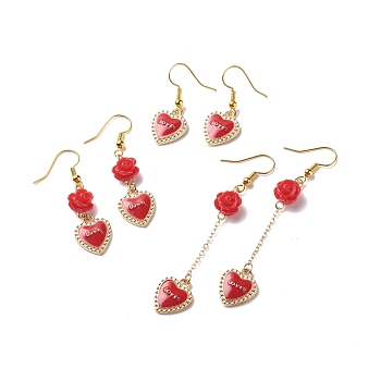 3 Pairs 3 Style Red Alloy Enamel Charms & Rose Beaded Dangle Earrings, Valentine Theme Brass Jewelry for Women, Golden, Word, 32~72mm, Pin: 0.5mm