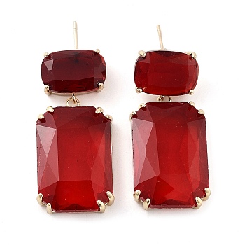 Glass Rectangle Dangle Stud Earrings, Light Gold Brass Earrings, Red, 42x18.5mm