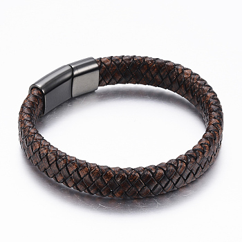 PU Leather Cord Bracelets, with 304 Stainless Steel Magnetic Clasps, Gunmetal, 8-5/8 inch(220mm)x12~14x6~8mm