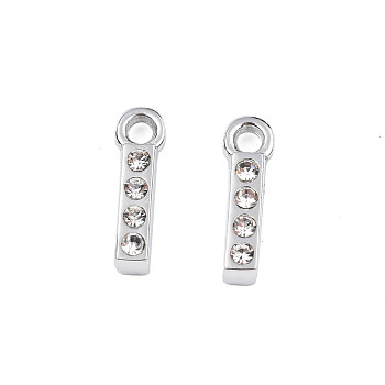 304 Stainless Steel Charms, with Crystal Rhinestone, Letter, Letter.I, 10~10.5x2~8x2mm, Hole: 1.2mm