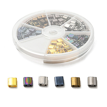 240Pcs 6 Colors Electroplate Glass Seed Beads, 2-Hole, Rectangle, Mixed Color, 5x4.5~5.5x2~2.5mm, Hole: 0.5~0.8mm, 40pcs/color