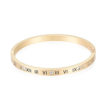 Roman Numeral Brass Hinged Bangle with Crystal Rhinestone for Women, Golden, Inner Diameter: 1-7/8x2-1/8 inch(4.9x5.5cm)
