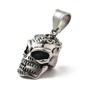 304 Stainless Steel Pendants, Skull Charm, Antique Silver, 26x16x19mm, Hole: 9x7mm
