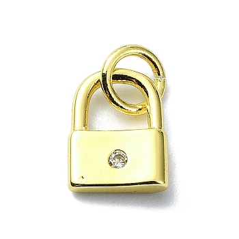 Brass Micro Pave Claer Cubic Zirconia Charms, with Jump Ring, Real 18K Gold Plated, Lock, 9x7x2mm, Hole: 3mm