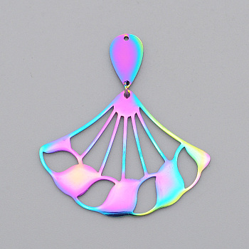 Ion Plating(IP) 201 Stainless Steel Pendants, Laser Cut, with Jump Rings, Fan, Rainbow Color, 44mm, Hole: 1mm