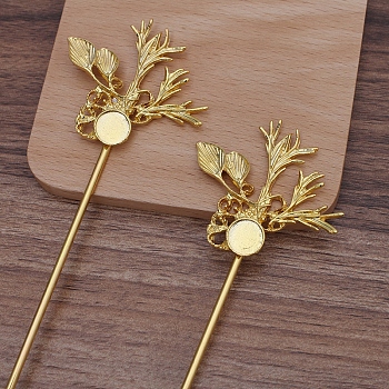Iron Hair Stick Findings, with Alloy Leaf Findings, Long-Lasting Plated, Golden, 160mm, Round Tray: 10mm