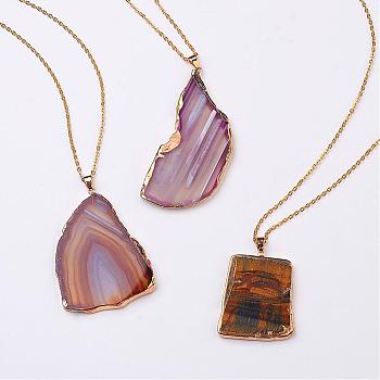 Natural & Dyed Agate Pendant Necklaces, with Stainless Steel Chain and Lobster Claw Clasp, Mixed Color, 27.5 inch(70cm), Pendant: 32.5~44x43~73x4mm