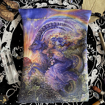 Cotton Velvet Packing Pouches, Drawstring Bags, Oil Painting Style, Rectangle with Constellation Pattern, Capricorn, 18x13cm