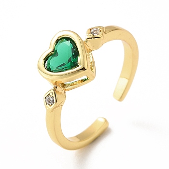 Cubic Zirconia Heart Open Cuff Ring, Real 18K Gold Plated Brass Jewelry for Women, Lead Free & Cadmium Free, Green, US Size 5 1/2(16.1mm)