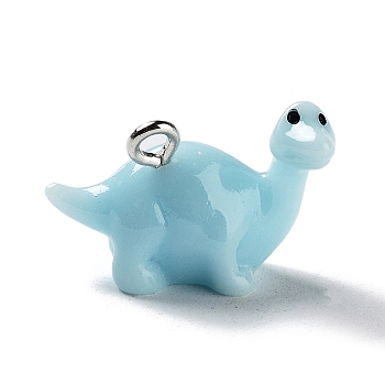 Opaque Resin Pendants, Dinosaur Charms with Platinum Plated Iron Loops, Sky Blue, 14x20.5x10mm, Hole: 1.6mm