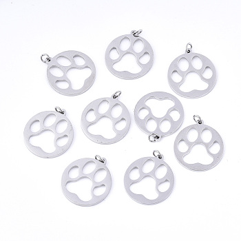 304 Stainless Steel Pendants, Laser Cut, with Jump Rings, Flat Round with Dog Footprint, Stainless Steel Color, 15.5x14x1mm, Jump Ring: 3x0.4mm, 2.2mm inner diameter