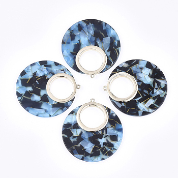 Cellulose Acetate(Resin) Big Pendants, with Alloy Findings, Flat Round, Light Gold, Sky Blue, 54x50x3.5mm, Hole: 1.8mm