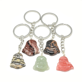 Synthetic & Natural Gemstone Keychain, with Iron Findings, Buddha Head, Platinum, 87~90mm