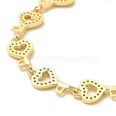 Clear Cubic Zirconia Hollow Heart Key Link Chain Bracelet(BJEW-A132-14G)-3