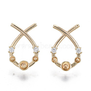 Brass Micro Pave Clear Cubic Zirconia Stud Earring Findings, for Half Drilled Beads, Nickel Free, Ichthys/Jesus Fish, Real 18K Gold Plated, 15.5x10.5mm, Pin: 0.7mm, Pin: 0.8mm(for half drilled beads)(KK-N232-06-NF)