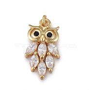 Brass Micro Pave Clear Cubic Zirconia Pendants, Owl, Real 18K Gold Plated, 15x8.5x4.1mm, Hole: 3mm(KK-I674-12G)