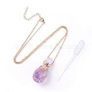 Natural Amethyst Openable Perfume Bottle Pendant Necklaces, with 304 Stainless Steel Cable Chain and Plastic Dropper, Bottle, Size: about 34~40 long, 15~20mm wide(NJEW-G325-01G)