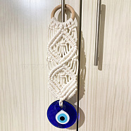 Cotton Cord Macrame Woven Wall Hanging, Glass Evil Eye Hanging Ornament with Wood Rings, for Home Decoration, Antique White, 260mm(EVIL-PW0002-19)