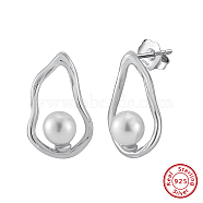 925 Sterling Silver Stud Earrings, with Shell Pearl, Real Platinum Plated, 19.5x12mm(EJEW-L294-020P)