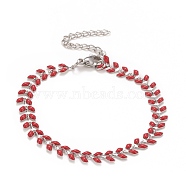 Enamel Wheat Link Chains Bracelet, 304 Stainless Steel Jewelry for Women, Stainless Steel Color, FireBrick, 6-7/8 inch(17.5cm)(BJEW-P271-02P-05)