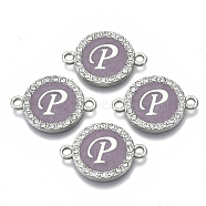 Alloy Enamel Links Connectors, with Crystal Rhinestones, Flat Round with Letter, Silver Color Plated, Letter.P, 22x16x2mm, Hole: 1.8mm(ENAM-TAC0003-01S-01P)