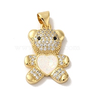 Rack Plating Brass Micro Pave Clear Cubic Zirconia Pendants, Heart Bear Charms with Synthetic Opal, Real 18K Gold Plated, Cadmium Free & Lead Free, Long-Lasting Plated, White, 21.5x14.5x4mm, Hole: 3.5x3mm(KK-P268-05A-G01)