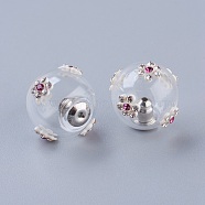 Blown Glass Globe Ball Bottles, for Stud Earring Making, with Ear Nuts, with Rhinestone and Brass Findings, Round with Flower, Clear, 13.5~15x15mm, Hole: 0.5mm(LAMP-F011-01)