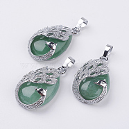 Natural Green Aventurine Pendants, with Brass Finding, Teardrop with Peacock, Platinum, 33x20x10.5mm, Hole: 5x6.5mm(X-G-E442-04M)