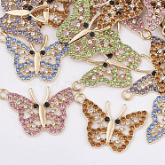 Alloy Pendants, with Rhinestone, Butterfly, Light Gold, Mixed Color, 20x29x2mm, Hole: 2mm(PALLOY-R111-10)