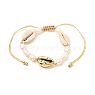 Natural Pearl & Cowrie Shell Braided Bead Bracelet for Teen Girl Women, Golden, Pale Goldenrod, Inner Diameter: 1-3/4~3-7/8 inch(4.5~9.9cm)(BJEW-JB07063)