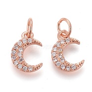 Brass Micro Pave Clear Cubic Zirconia Charms, Long-Lasting Plated, with Jump Rings, Moon, Rose Gold, 10x8x1.6mm, Hole: 3.6mm, jump ring: 5x0.6mm(ZIRC-Z005-01B)