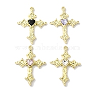 Rack Plating Alloy Pendants, with Rhinestone, Cadmium Free & Nickel Free & Lead Free, Cross with Heart, Mixed Color, Golden, 39x29x5mm, Hole: 1.8mm(FIND-I039-042G)