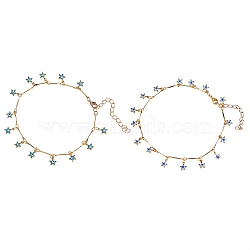 2Pcs 2 Colors Brass Bar Link Chain Anklets, with Enameled Star with Evil Eye Charms, Real 18K Gold Plated, Mixed Color, 9-7/8 inch(25cm), 1pc/color(AJEW-SZ0001-28G)