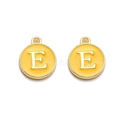 Golden Plated Alloy Enamel Charms, Enamelled Sequins, Flat Round with Alphabet, Letter.E, Yellow, 14x12x2mm, Hole: 1.5mm(ENAM-Q437-13E)