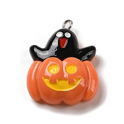 Opaque Resin Pendants, Halloween Charms with Platinum Tone Alloy Loops, Black, Pumpkin with Ghost, 29x22.5x8mm, Hole: 1.5mm(RESI-K020-04C-01)