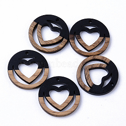 Resin & Walnut Wood Pendants, Ring with Heart, Black, 25x3mm, Hole: 1.8mm(X-RESI-N025-010A-B04)