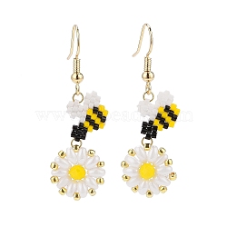 Glass Seed Braided Bee with Flower Dangle Earrings, Golden Brass Jewelry for Women, White, 46mm, Pin: 0.6mm(EJEW-MZ00025)
