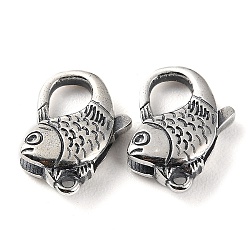 925 Thailand Sterling Silver Lobster Claw Clasps, Fish, with 925 Stamp, Antique Silver, 16x12x4.5mm, Hole: 1.2mm(STER-D003-28AS)