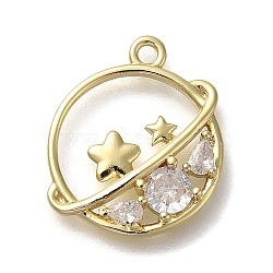 Rack Plating Brass Micro Pave Cubic Zirconia Pendants, Long-Lasting Plated, Planet with Star, Real 14K Gold Plated, 17x14.5x2.5mm, Hole: 1.4mm(KK-M014-09G)